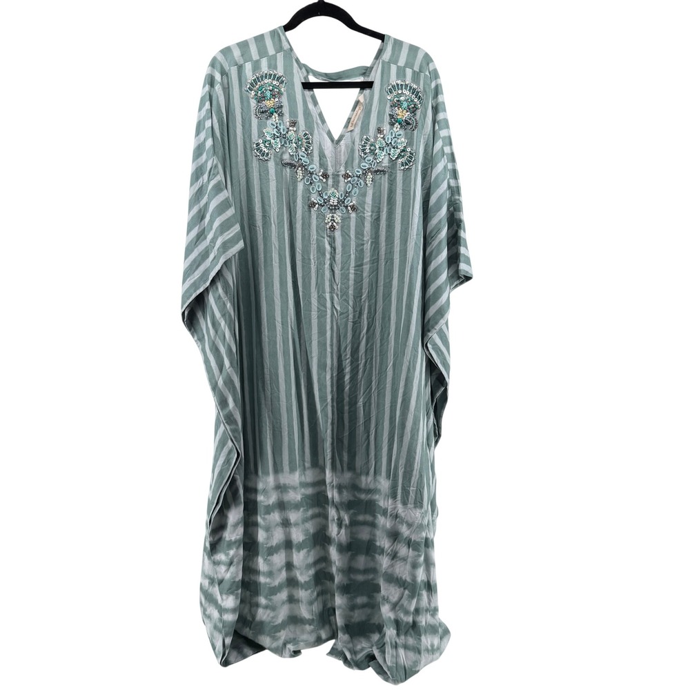 Soft Surroundings Caftan Dress Beaded Striped OS Green Boho‎ Maxi Loungewear